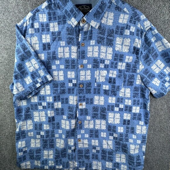 Nat Nast Button Up Shirt Short Sleeve Men’s XL Silk Cotton Geometric Tiki Adult - Picture 2 of 14